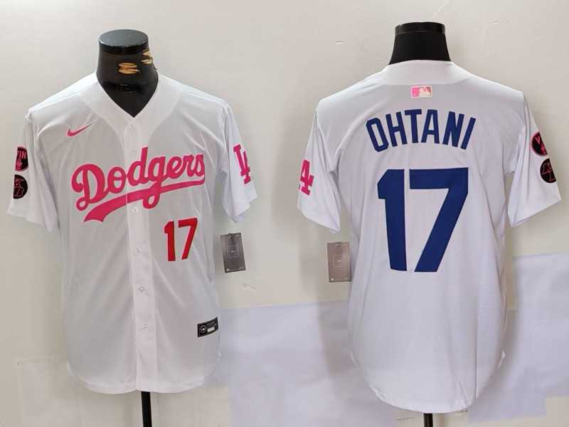 Men%27s Los Angeles Dodgers #17 Shohei Ohtani White Pink Vin & Kobe Patch Stitched Baseball Jerseys->los angeles dodgers->MLB Jersey